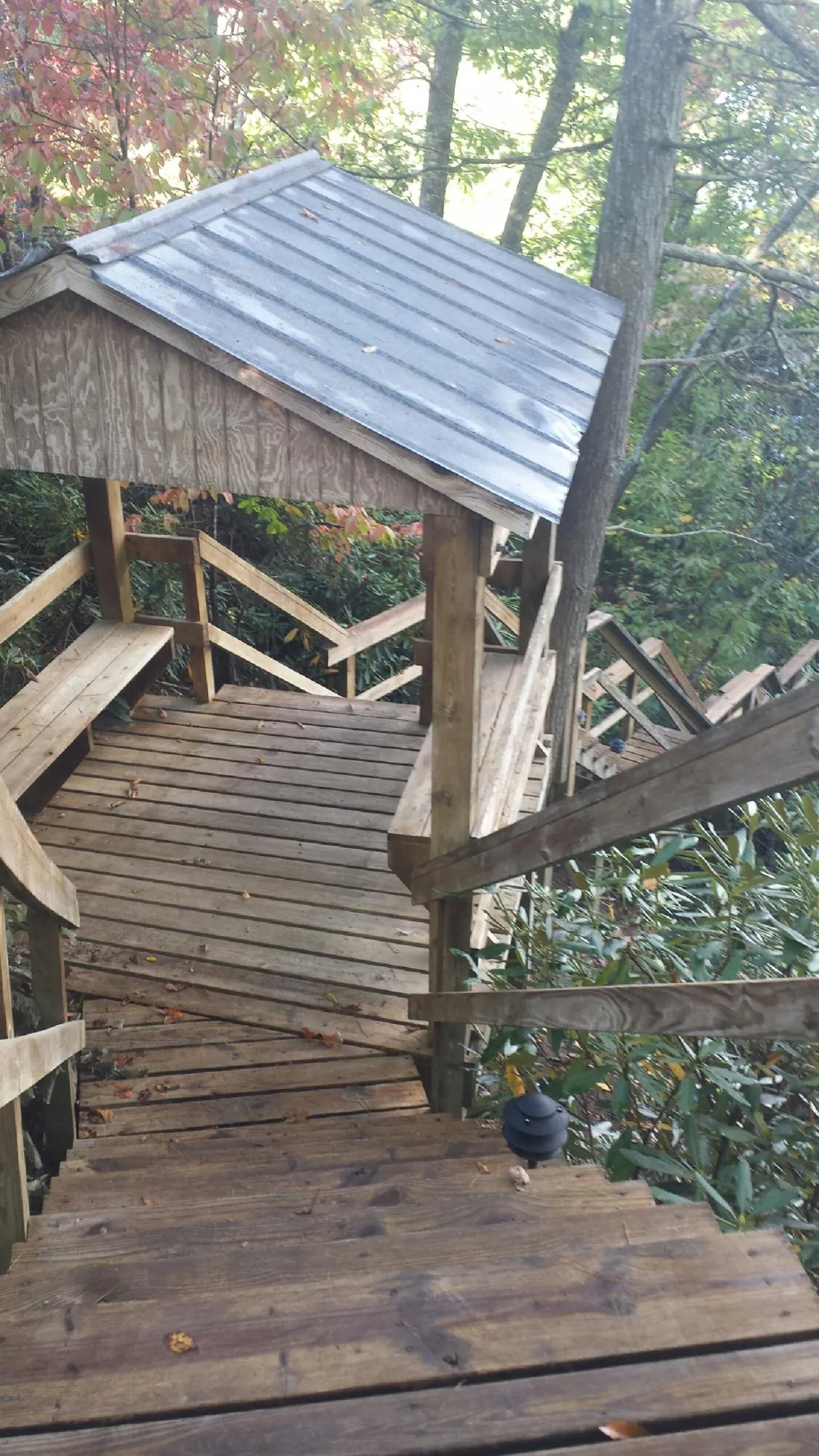 Metal roofed shelter over wooden steps on a wooded walkway — Skylight Repair & Installation work by our crew in Stevensville